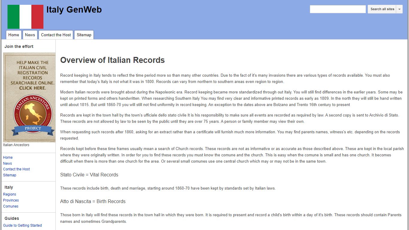 Overview of Italian Records - Italy GenWeb